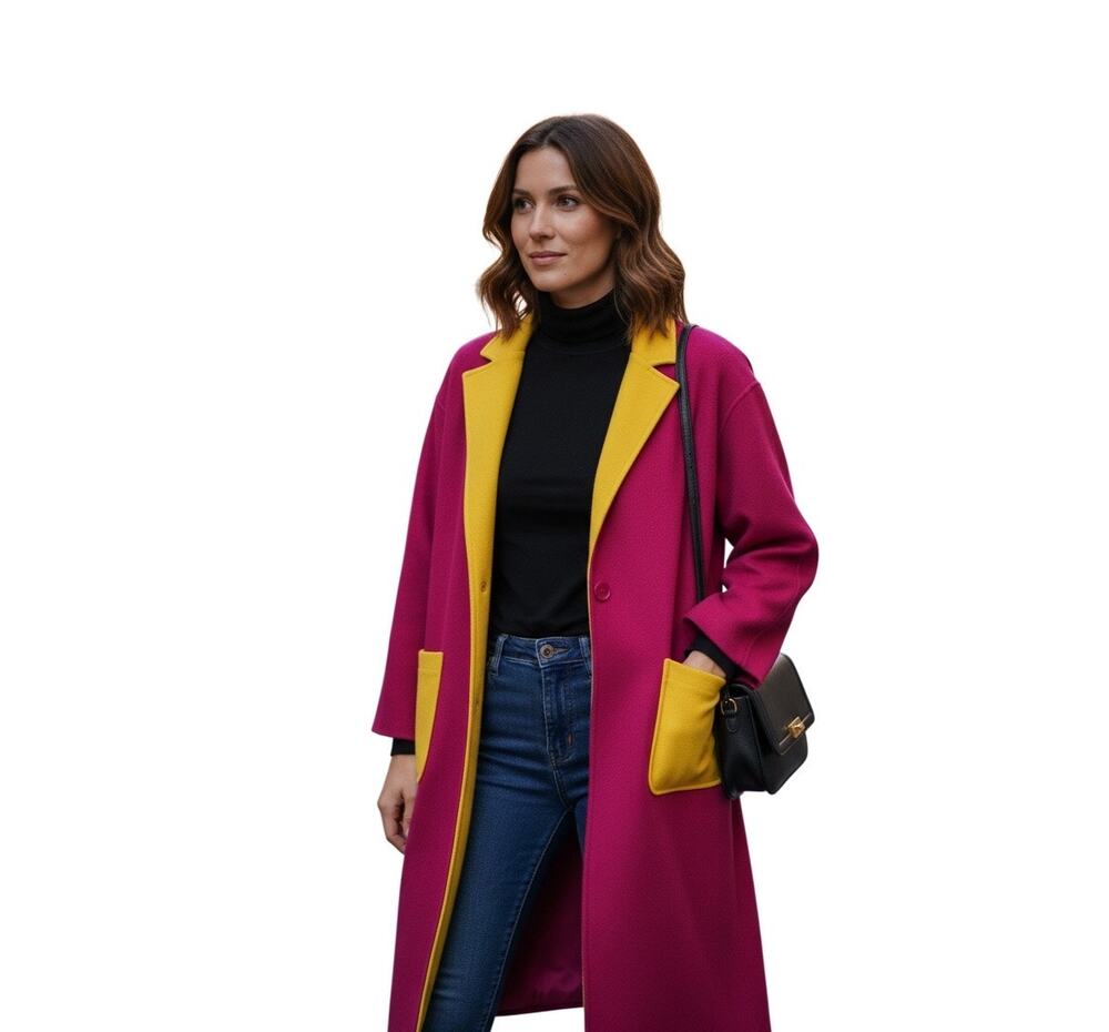 BURU Wool Blend Long Open Car Coat: Fuchsia & Yellow S/M